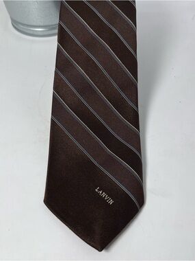 Lanvin Vintage Diagonal Stripe Tie Chocolate Brown Luxury 70’s Retro